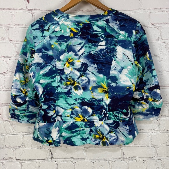 Coldwater Creek Floral Zip Jacket P16 Petite Blue Green White Ruched sleeves - Picture 4 of 6